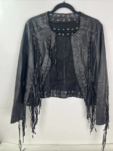Women Ladies Faux Leather Fringe Cropped Jacket Coat Open Front Blazer Small - Picture 1 of 8
