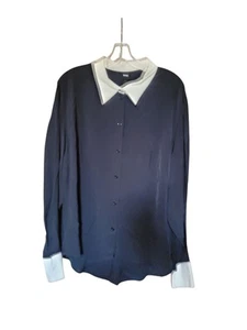 Camicia blusa donna Hugo Boss ***FLAW*** blu navy con bottoni nuova con etichette US 16 $208 - Foto 1 di 4