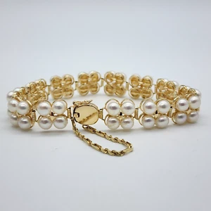 14k Gold, 5 mm Four Pearl Panel Link Bracelet - 6.6" - As Is - Picture 1 of 21