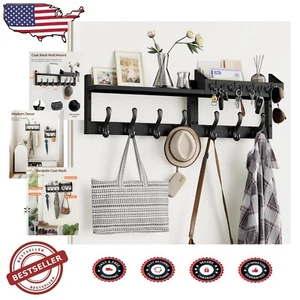 Elegant Pine Wood Coat Rack with 7 Hooks & Shelf - Stylish Entryway Organizer - Picture 1 of 9