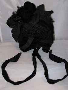 VICTORIAN 19TH C BLACK BONNET W SILK RIBBON FEATHERS- AS ACQUIRED - Picture 1 of 10