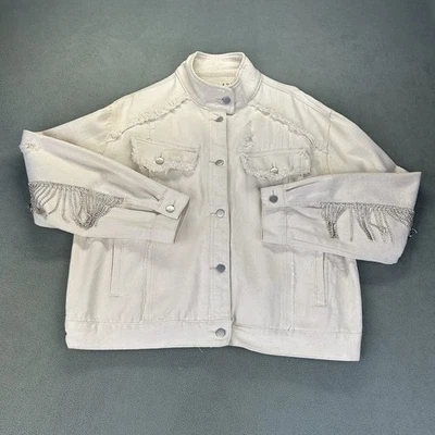 POL Anthropologie Jean куртка джинсовой ткани большой кремовый искусственно состаренный кисточки богемное Western - Изображение 1 из 4