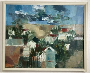 Vintage Original Oil Painting MCM Old Cubist Expressionist Village Houses Signed - Picture 1 of 13