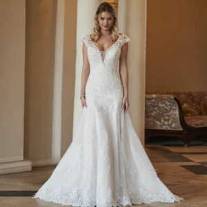Elegant Mermaid Wedding Dresses Cap Sleeve V Neck Applique Backless Bridal Gowns - Picture 1 of 6