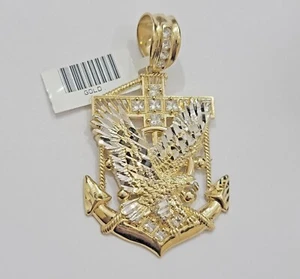 Real 14k Yellow Gold Charm Eagle Anchor Pendant With White gold and stone Men's - Picture 1 of 7