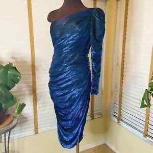 New Leaf by Samir rare vintage 70’s blue metallic lurex one shoulder dress Sz S
