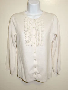 AQUA 100% CASHMERE CARDIGAN WINTER WHITE CREWNECK FRILLS ON FRONT SWEATER XL - Imagen 1 de 12