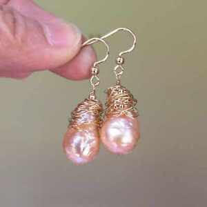 Natural gold Baroque Freshwater pearl 14k gold earrings Hook Easter Gift Women