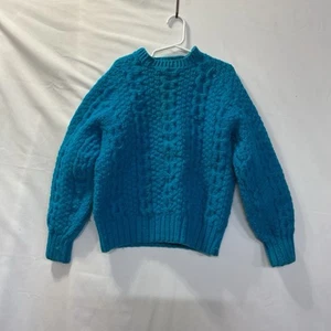 Hand Knit Bright Teal Chunky Cable Knit Children's Sweater Boy or Girl Vintage - Picture 1 of 12