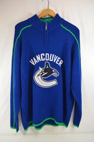 Vancouver Canucks Knit Sweater NHL Mens Large Blue Orca Logo NWT Cover