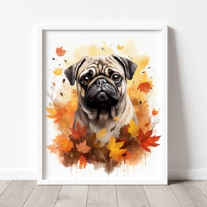 Mops im Herbstdruck, modernes Aquarell Hundegemälde, Haustierporträt - Bild 1 von 9