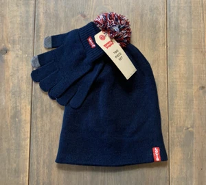 NWT Levi's Boy's Youth Navy Blue Knit Pom Pom Beanie & Gloves 2 Piece Set 8-20 - Picture 1 of 6