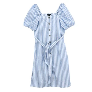 J. CREW Cottage Dress Blue Stripe Puff Sleeve Belted Button 100% Cotton SMALL - Picture 1 of 8