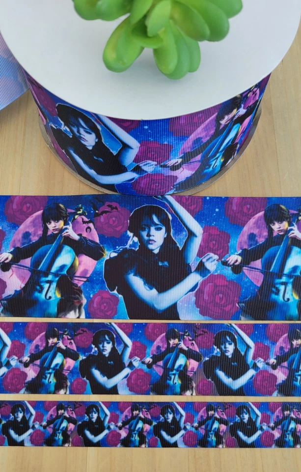 7/8, 1.5 & 3" (1 YD) Wednesday Addams Grosgrain Ribbon Cello Instrument Dance  - Image 1 of 1