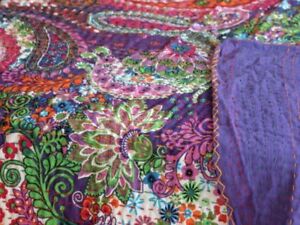 Indian Handmade Paisley Kantha Quilt Block Print Bedspread Purple Twin Size 01