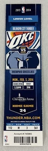 NBA 2014 02/03 Memphis at Oklahoma City Thunder Ticket-Kevin Durant 31pts - Picture 1 of 1