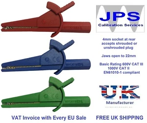 Red Green Blue Crocodile Clips 30A for Fluke Series 4mm Test Leads 3Pack JPSS077 - Picture 1 of 4