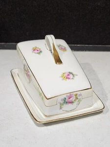 Vintage NIPPON Art Deco Covered TRIANGULAR Cheese DISH Green Flower Pattern - Picture 1 of 6