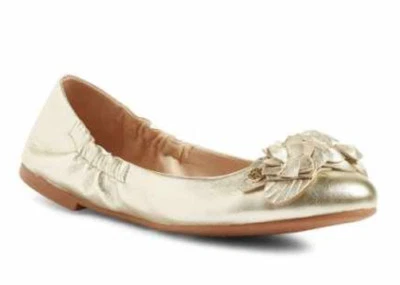 全新带盒 TORY BURCH Blossom 花卉火花金色皮革/标志芭蕾平底鞋 6.5 码 — 第 1/4 张图片