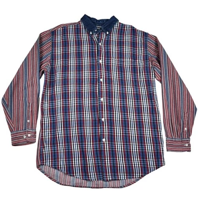 Camisa vintage años 90 Gitano roja/azul denim a rayas/a cuadros abotonada para hombre talla grande  Foto 1 de 4