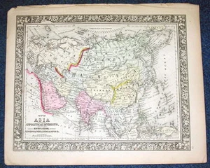 Origial 1860 Mitchell Map of Asia Political Divisions Travel Routes 12.5 X 15.25 - Picture 1 of 11