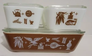 Pyrex Vintage Refrigerator Container Early American Motif Brown White With Lids - Imagen 1 de 10