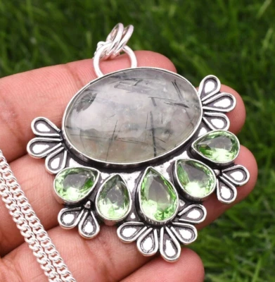 Ciondolo prehnite in argento sterling 925 con pietre preziose fatte a mano 2,15" - Immagine 1 di 4