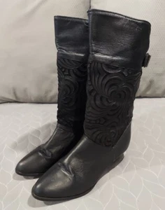ACME Circle A Boots Black Leather Suede Swirl Pattern Buckle Womens 6.5M VTG - Picture 1 of 17