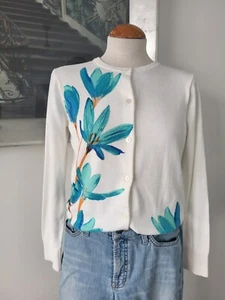 LANDS END Strick Jacke Cardigan Weiß Gr 36 / 38 Mit Blumen Muster TOP ZUS. - Bild 1 von 4