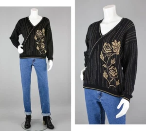 Vintage 90s Womens Petite XL Glam Rose Black Gold Metallic V-Neck Sweater USA - Picture 1 of 6