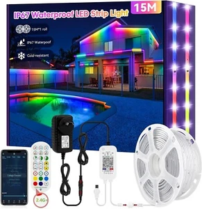 15M RGB+IC Outdoor Led Strip Lights Waterproof Led Light Strips with RF Remote & - Picture 1 of 7