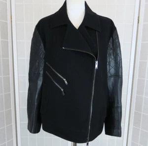 DKNY Biker Jacket UK 18 Black Wool Blend Leather Panel Sleeves Full Zip Designer - Picture 1 of 13