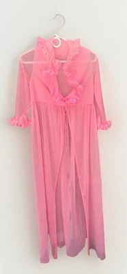 Vtg Union Made Bubblegum Pink Ruffle Robe Cover Lingerie Glamour Barbie USA Sz S - Image 1 of 4