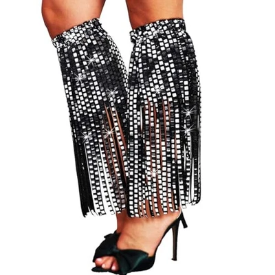Calentadores de piernas discoteca con flecos negro brillo rave cubiertas para botas para mujer  Foto 1 de 4