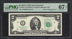 United States 2$ 2017 Fr#1941-L (LB Block) Radar S/N 42899824 UNC Grade 67 - Picture 1 of 2