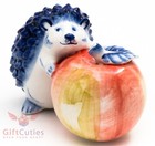Porcelain Gzhel Figurine of a Hedgehog with a huge colorful apple handmade Гжель