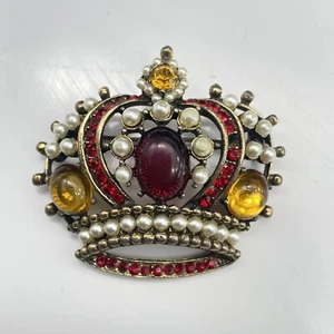 Vintage Weiss Red & Amber Jelly Cabochon Rhinestone And Faux Pearl Royal Crown - Picture 1 of 6