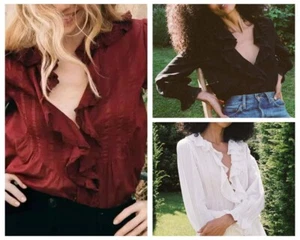 Women Doen V-neck Ruffle Long Sleeve Shirt Top - Picture 1 of 18