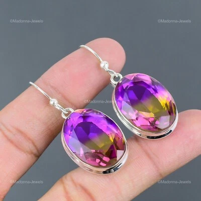 椭圆形天然紫黄水晶边框母亲吊坠耳环珠宝首饰纯银 — 第 1/4 张图片