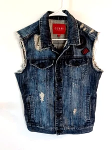 Guess Blue Wash Denim Vest Men's Size S Cut Off Patches Biker Core - Picture 1 of 7