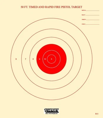 TJ TARGET B-3 NRA - Red bull's eye - 50 Ft Timed & Rapid Fire Pistol Target (100) Tagboard