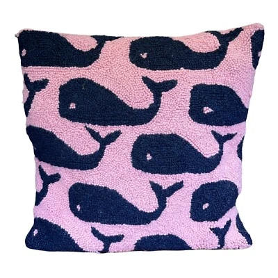Hand Hooked Pillow-Beach Theme Blue Whales 100% Wool 16 x 16 in Zipper - Image 1 of 4