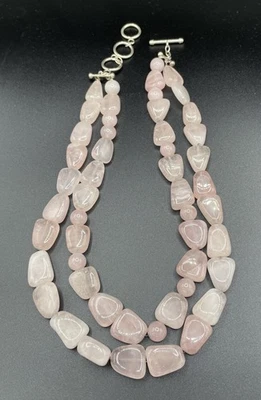 Gargantilla de cuarzo rosa de doble hilo con cuentas gruesas de cristal cierre de ley 925 Foto 1 de 4
