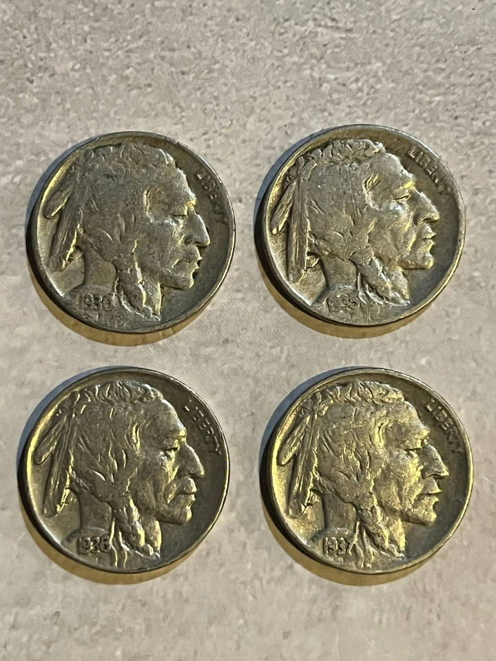 Cuatro 4 fechas completas P Buffalo Nickels fechas 1930, 1935, 1936, 1937 A7-1 Foto 1 de 4