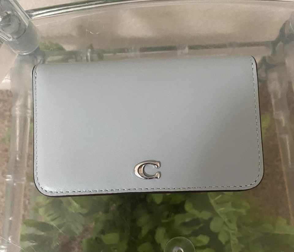 Coach Essential Slim Card Case Leather Wallet in Silver / Light Blue CR990
