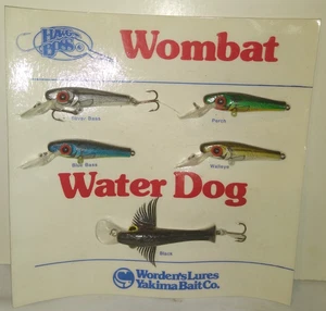 VINTAGE WORDEN'S FISHING LURES DEALER DISPLAY BOARD WOMBAT WATER DOG - Picture 1 of 4