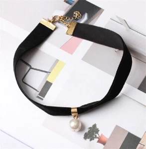 Collar Gargantilla Mujer Perla Colgante Cinta de Terciopelo Negro Vintage Elegante Oro - Imagen 1 de 10