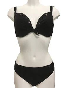 After Eden Black Bikini Set UK 38C 38D Underwired Padded Eyelet Tie Top & Bottom - Picture 1 of 11