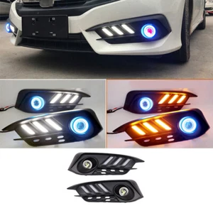 Led Front Bumper Fog Light Turn Signal 2Color Angel Eyes For Honda Civic 16-2018 - Picture 1 of 12