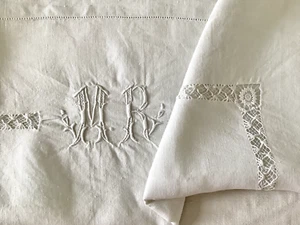 Lovely Antique Vintage French Hand Embroidered Linen Pillow Sham Monogram MR - Picture 1 of 10